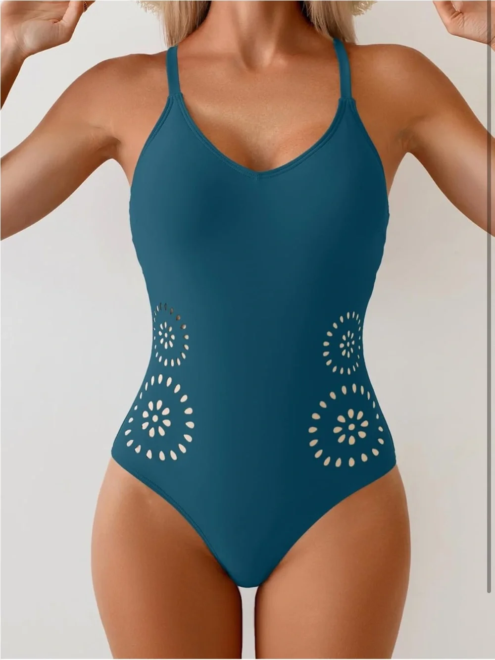 Teal One-Piece Swimsuit with Laser-Cut Detail